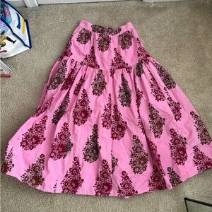 Antik Batik Pink and Green Floral A-Line Maxi Skirt 100% Cotton Size M Boho Chic